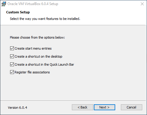 VirtualBox Installer Custom Setup Install Options